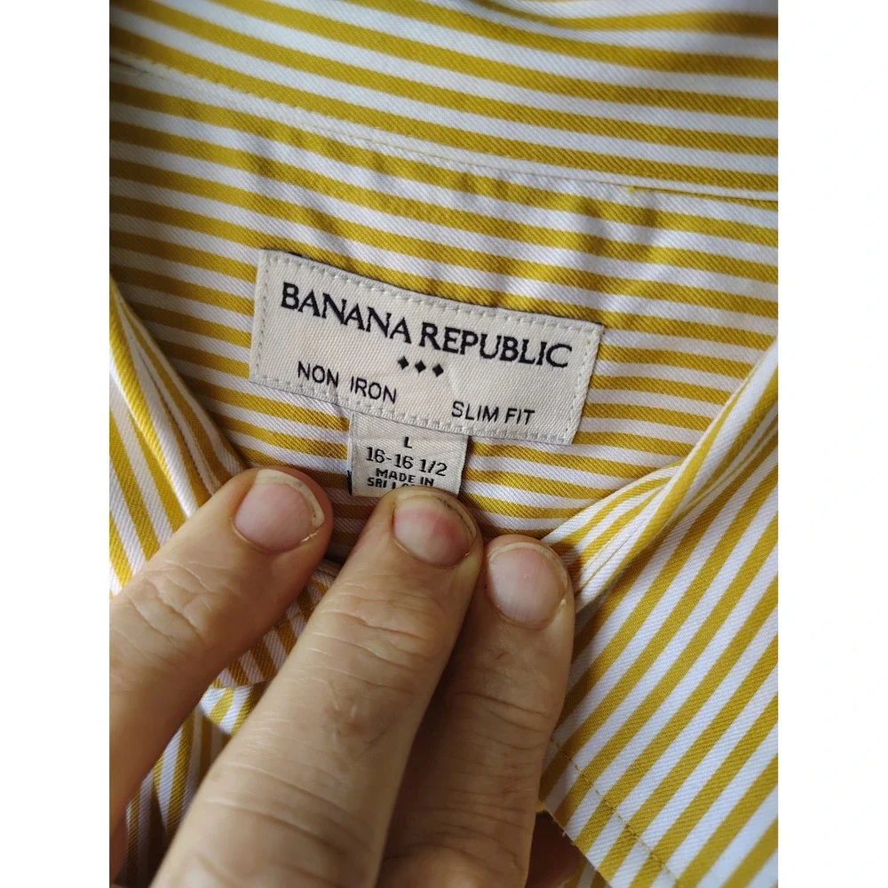 Banana Republic Mens Slim Fit Non Iron Yellow White Striped Button Down Shirt L